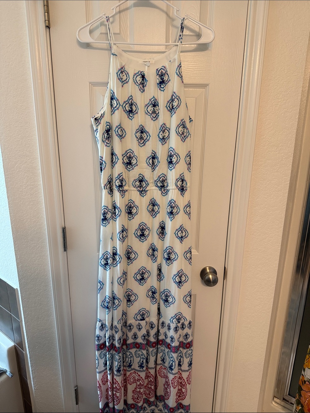 Maurices White Maxi Dress with Blue and Red Border Print